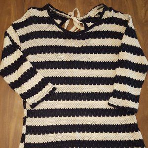 Navy and Beige Striped 3/4 Sleeve Sweater